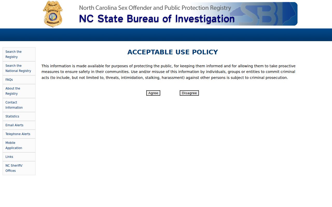 Anson County sex offender record lookup acceptable-use notice