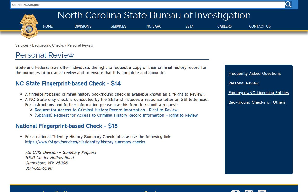 Anson County criminal history Right to Review instructions from the SBI
